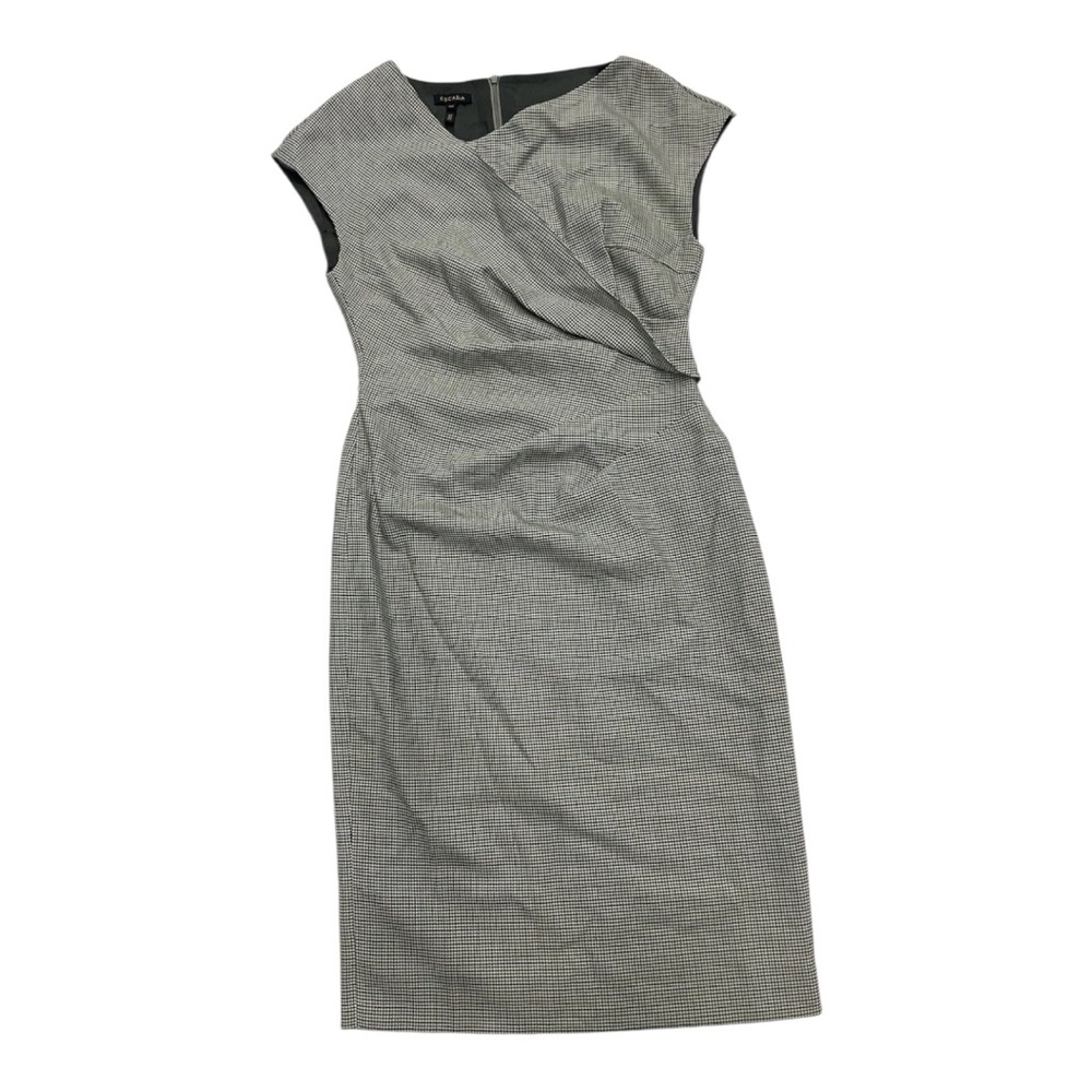 Escada Virgin Wool Knee-Length Dress Green Houndstooth Pleated Midi Of